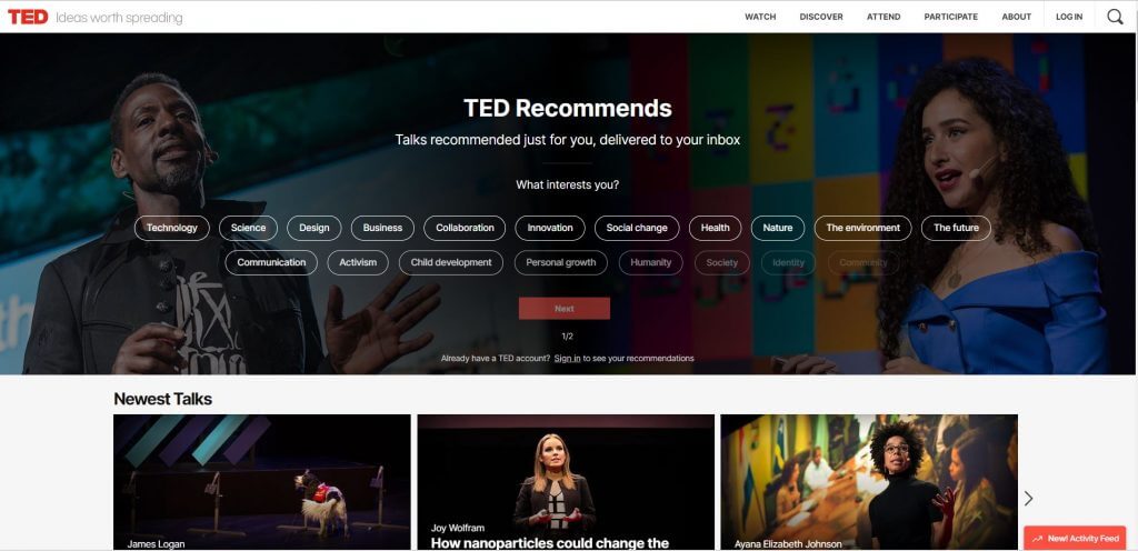 Aplicativo em videoaulas TED TAlks, plataforma de vídeos e palestras online.